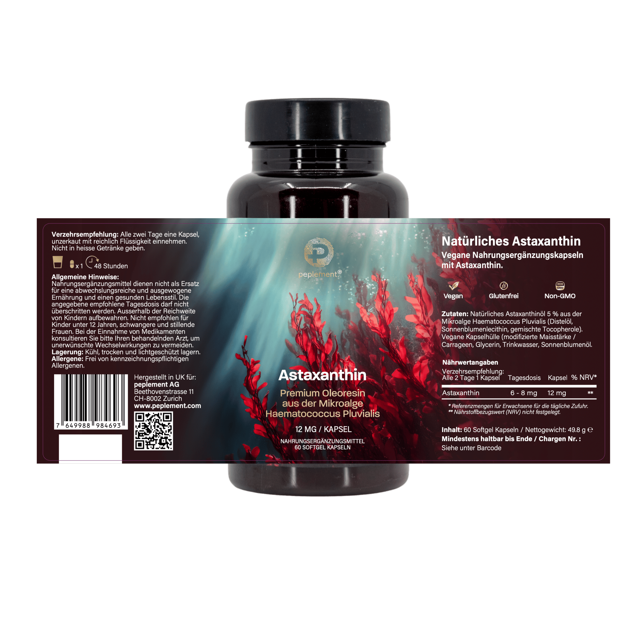 Astaxanthin Softgel-Kapseln – 12 mg aus der Mikroalge Haematococcus Pluvialis – Hochdosiert & Natürlich