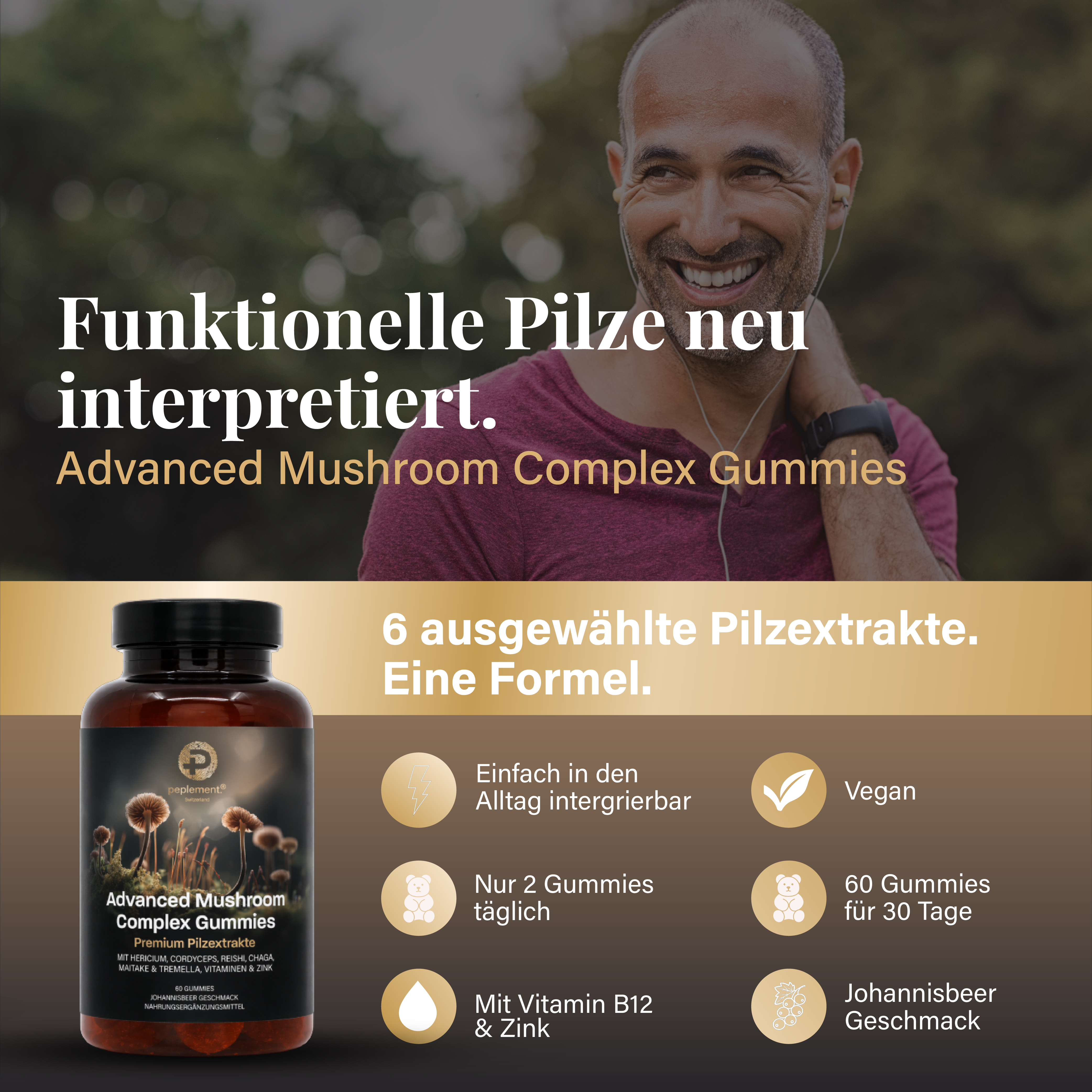 6 hochwertige Pilzextrakte ergänzt mit Vitaminen und Zink