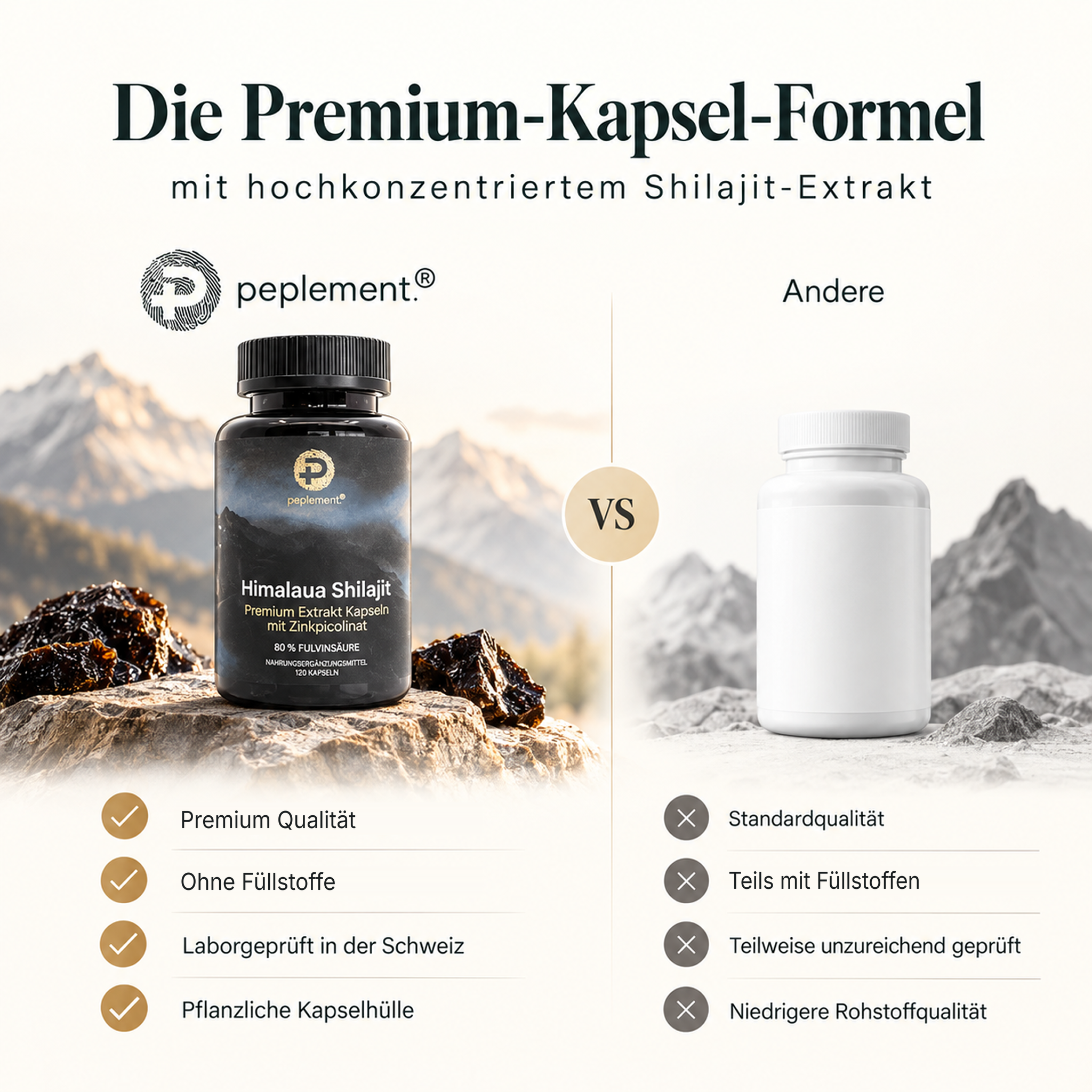 100 % reine Shilajit Kapseln aus dem Himalaya, ohne Füllstoffe. Mit Zinkpicolinat.