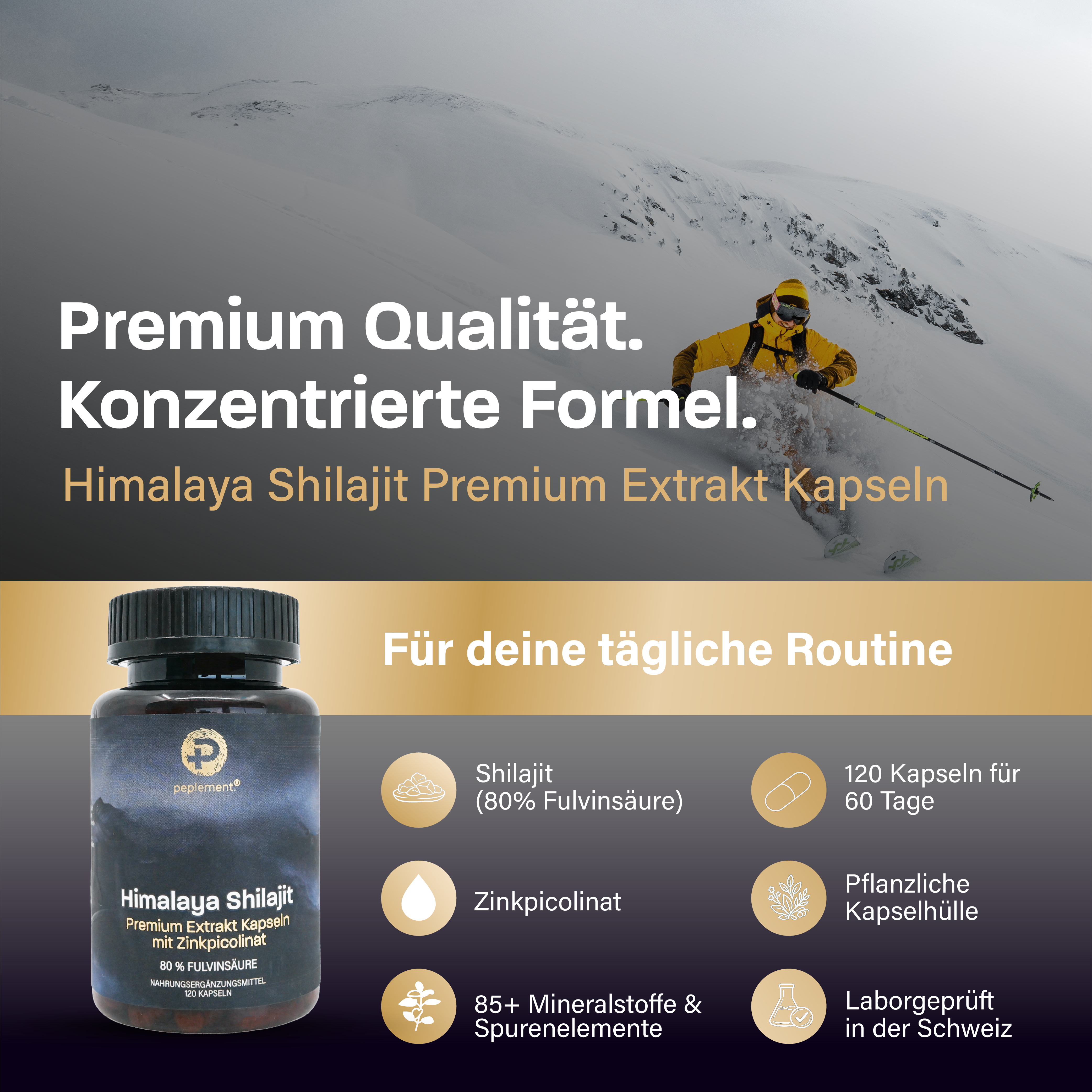Originale premium Shilajit Kapseln aus dem Himalaya - 100 % rein, 80 % Fulvinsäure & Zinkpicolinat