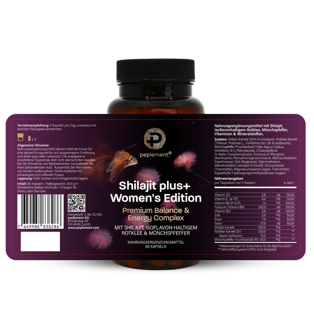 Shilajit plus+ Women's Kapseln by peplement® • Mit Rotklee, Mönchspfeffer, Eisen & Vitamin B6