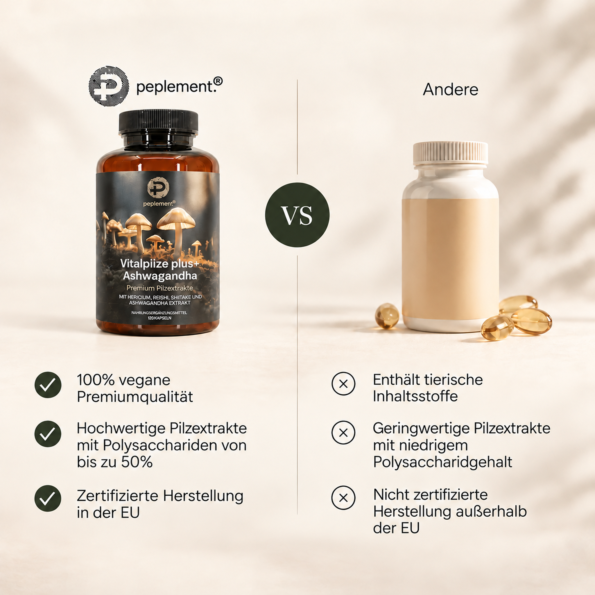 Vitalpilze plus+ Komplex mit Ashwagandha, Vitamin B6 & B12