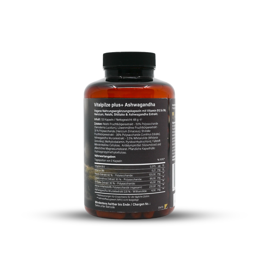 Vitalpilze plus+ Komplex mit Ashwagandha, Vitamin B6 & B12